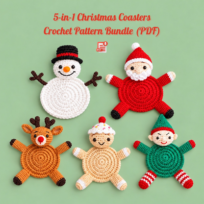 5-in-1 Christmas Coaster Crochet Pattern Bundle