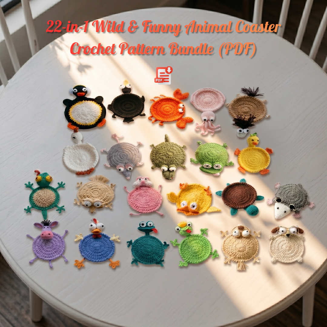 22-in-1 Wild & Funny Animal Coaster Crochet Pattern Bundle