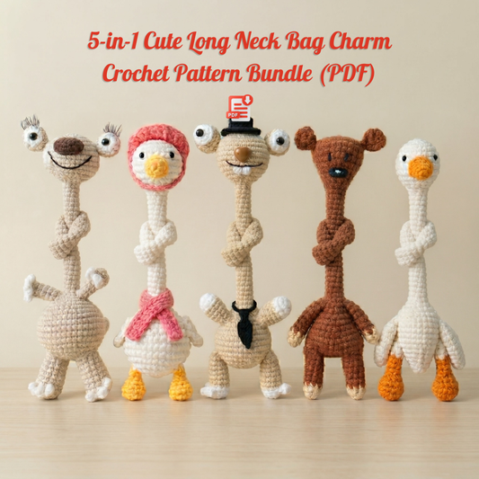 5-in-1 Cute Long Neck Animal Bag Charm Crochet Pattern Bundle