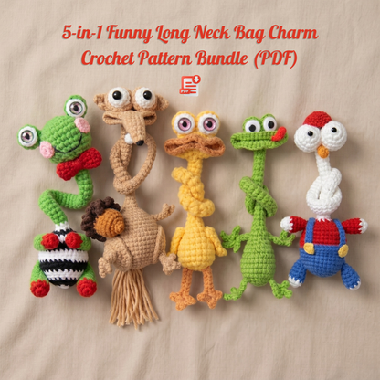 5-in-1 Funny Long Neck Animal Bag Charm Crochet Pattern Bundle