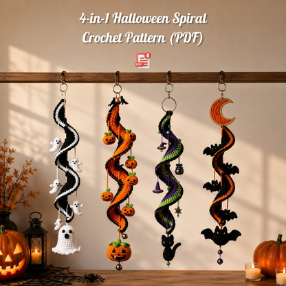 4-in-1 Halloween Spiral Hanging Decor Crochet Pattern Bundle