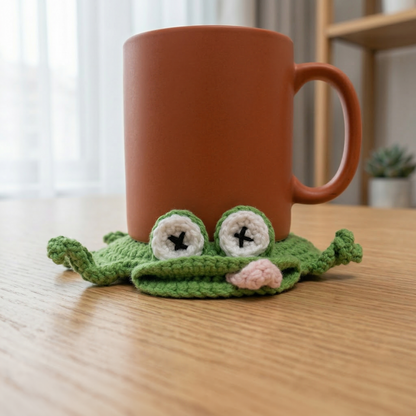 Brown mug on a green frog-shaped coaster on a wooden surface with a blurred background