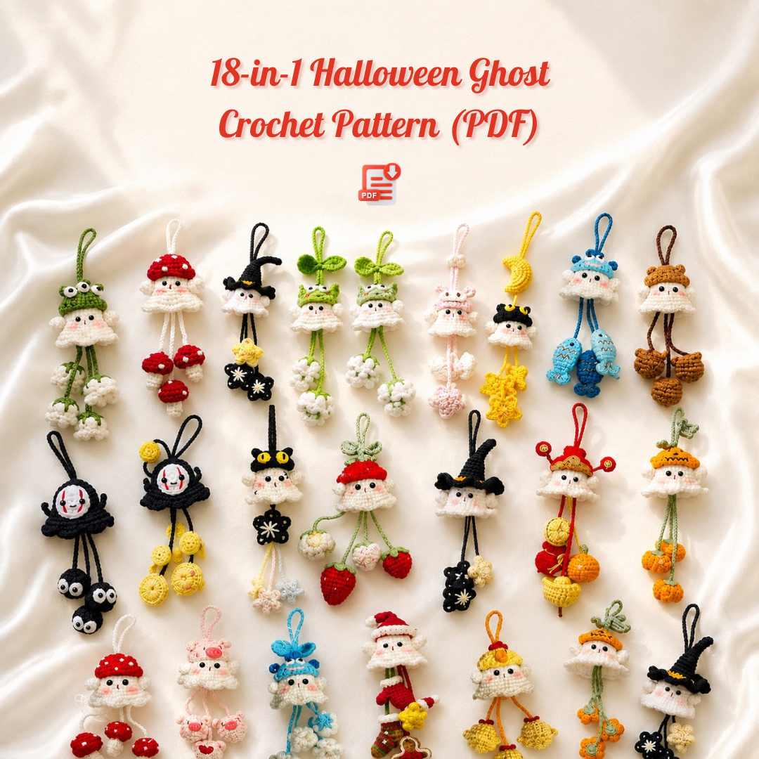 18-in-1 Halloween Ghost Hanging & Charm Crochet Pattern Bundle
