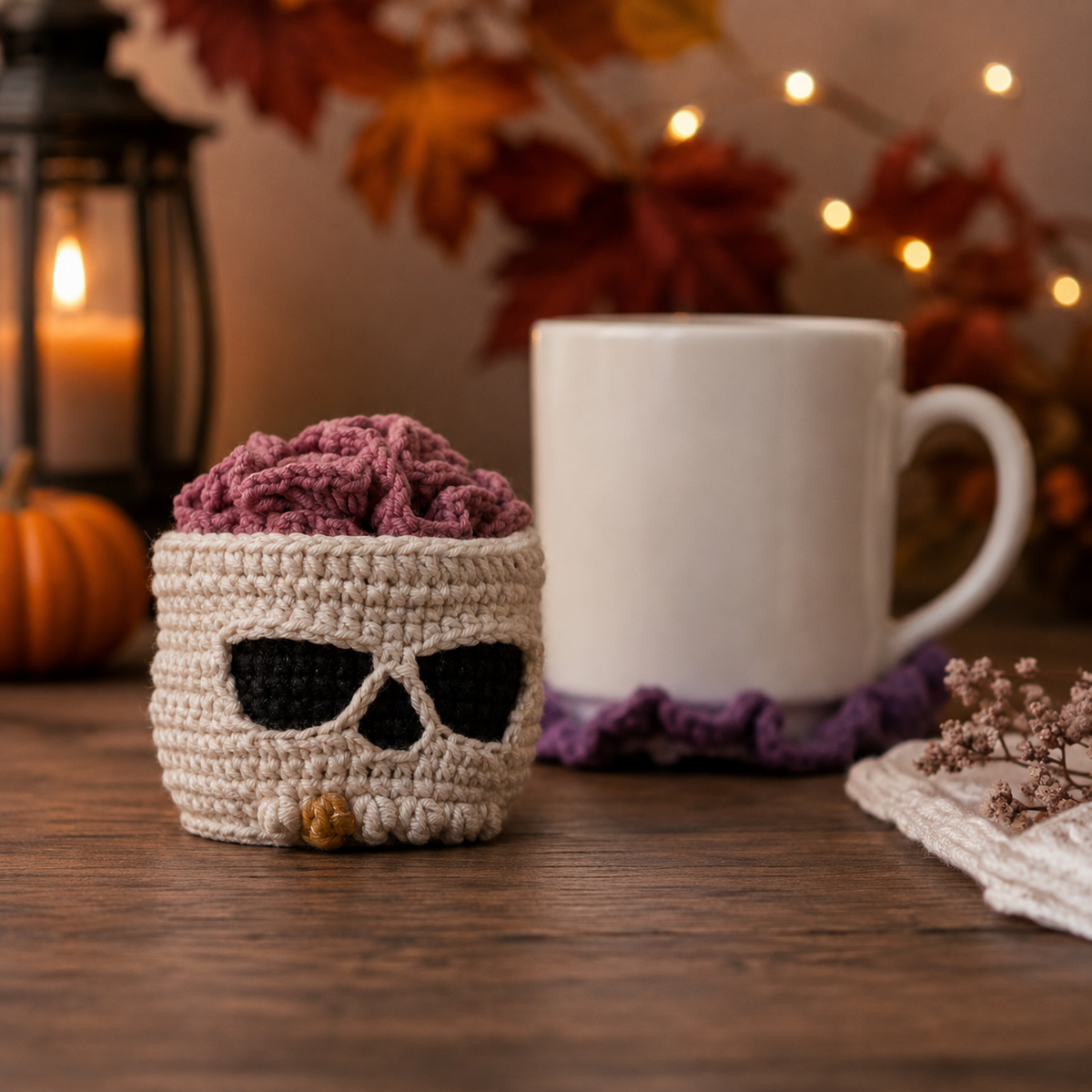 2-in-1 Halloween Brainy Skull Coaster Set Crochet Pattern