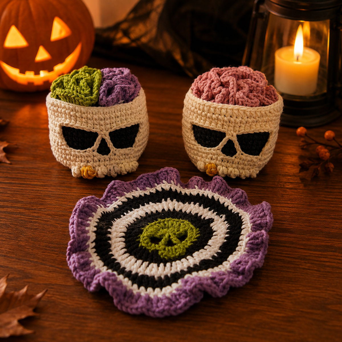 2-in-1 Halloween Brainy Skull Coaster Set Crochet Pattern