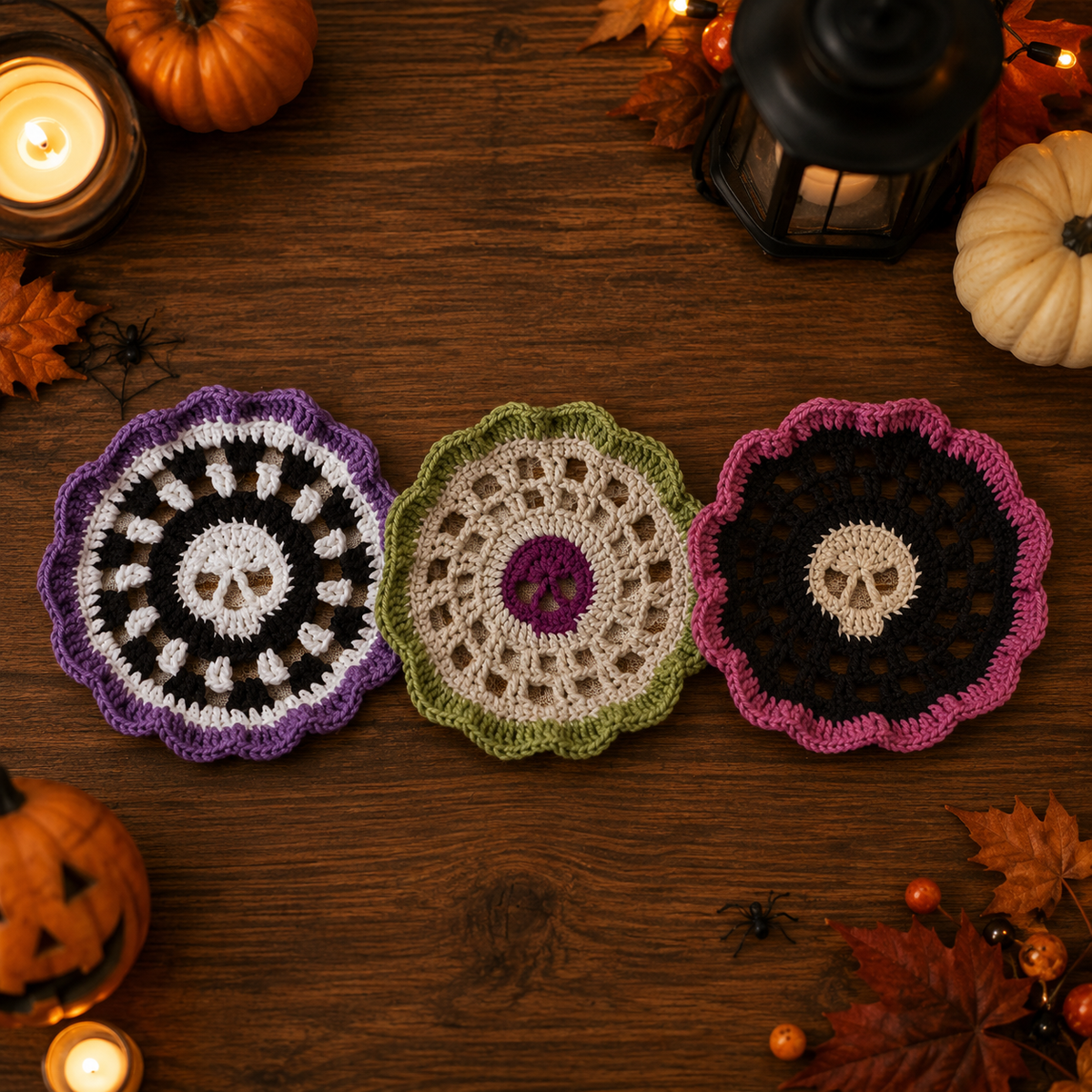 2-in-1 Halloween Brainy Skull Coaster Set Crochet Pattern