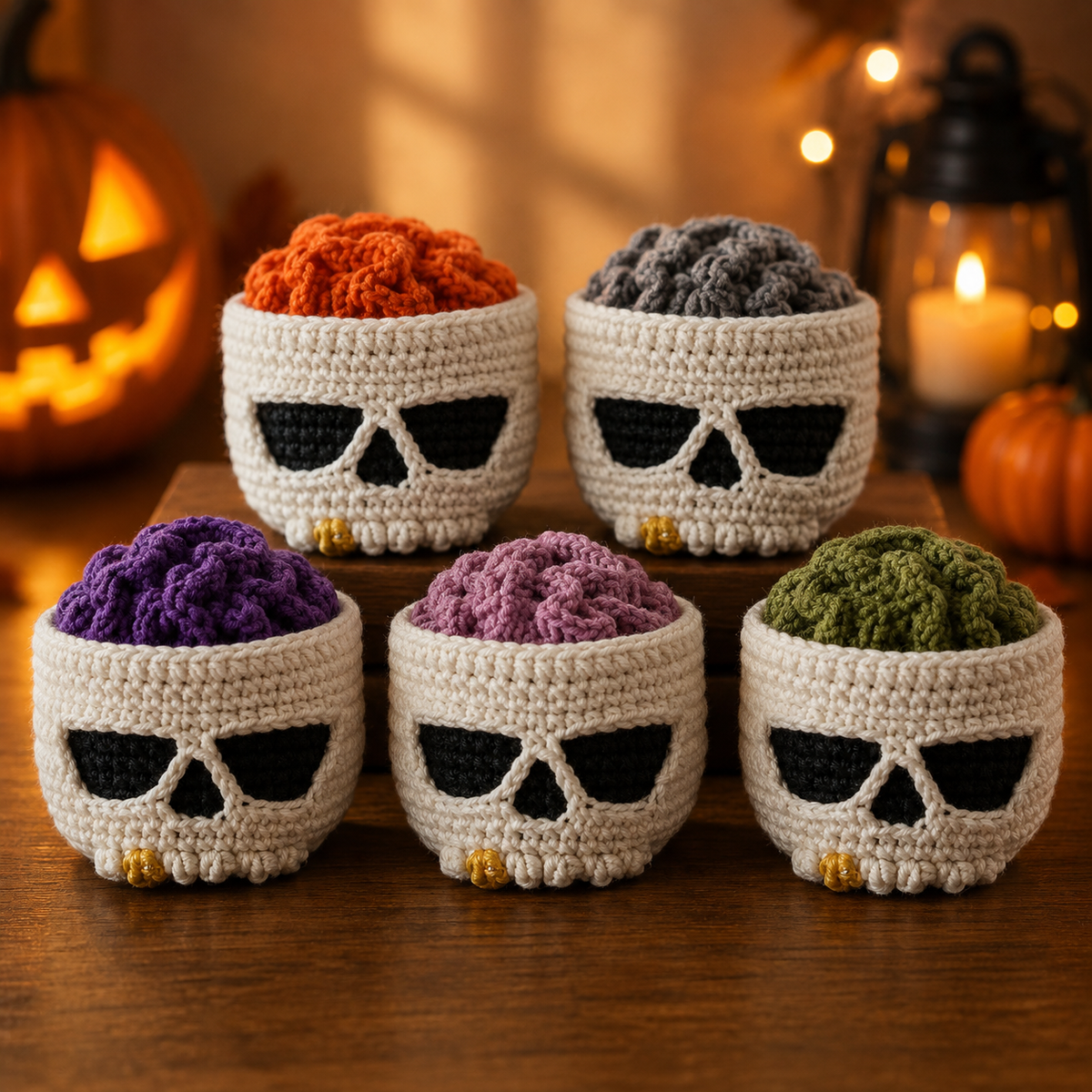 2-in-1 Halloween Brainy Skull Coaster Set Crochet Pattern
