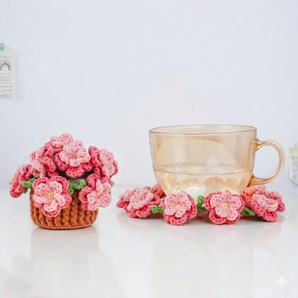 5-in-1 Bloomy Flower Coaster & Pot Crochet Pattern Bundle