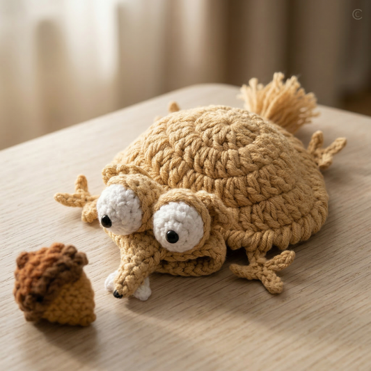 Knitted hedgehog toy on a wooden surface with a blurred background