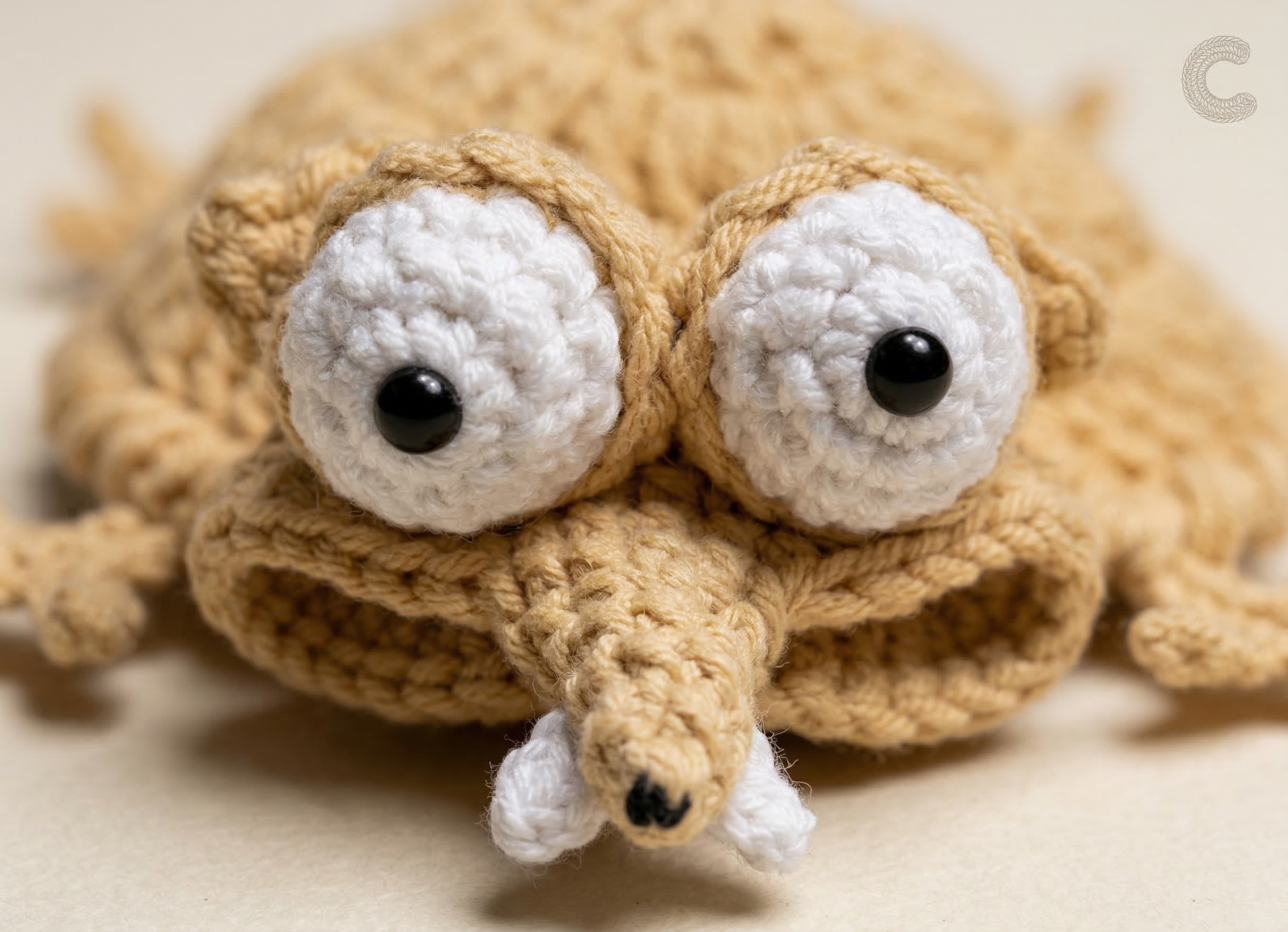 Crocheted toy resembling a turtle with large eyes on a beige background