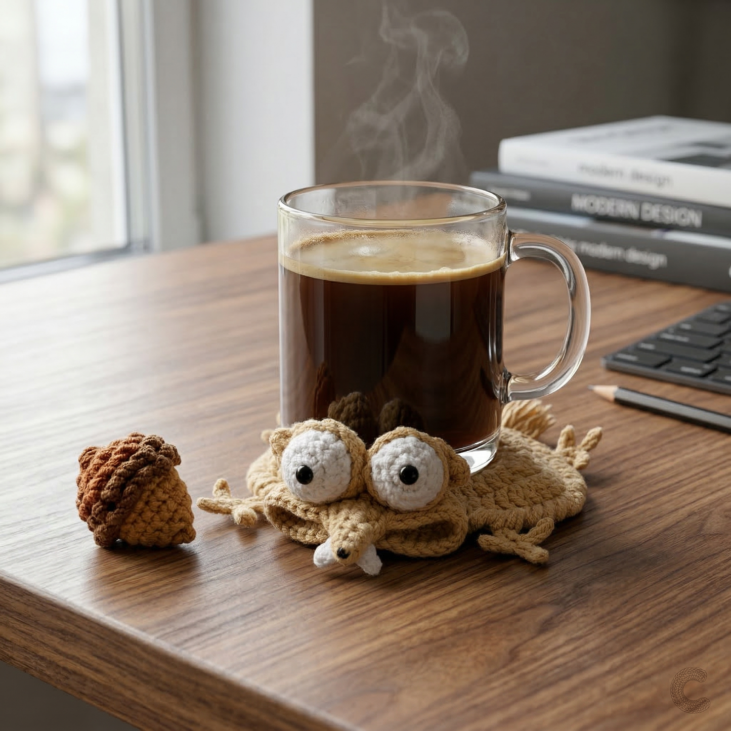Glass mug of steaming coffee on a wooden desk with a knitted owl coaster and small owl figurine.