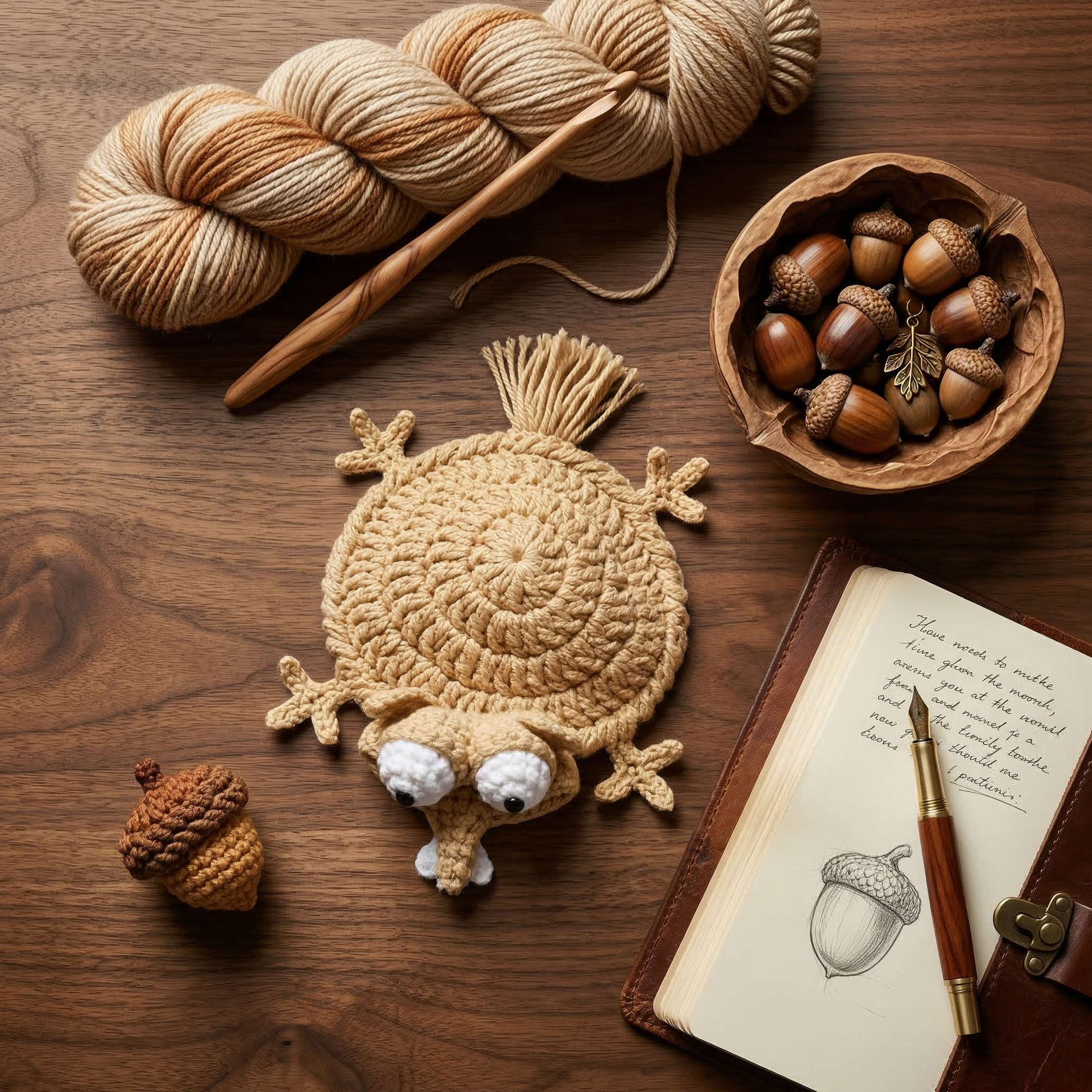 Crocheted frog, yarn, knitting needle, acorns, and notebook on a wooden surface