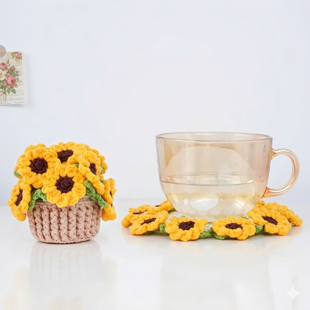 5-in-1 Bloomy Flower Coaster & Pot Crochet Pattern Bundle